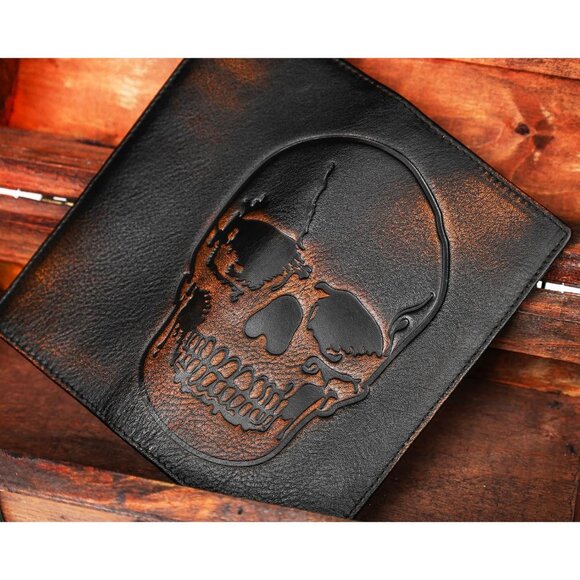 Hand Burnished Skull Long Wallet – RFID Blocking Full Grain Leather For Men's - Picture 5 of 6